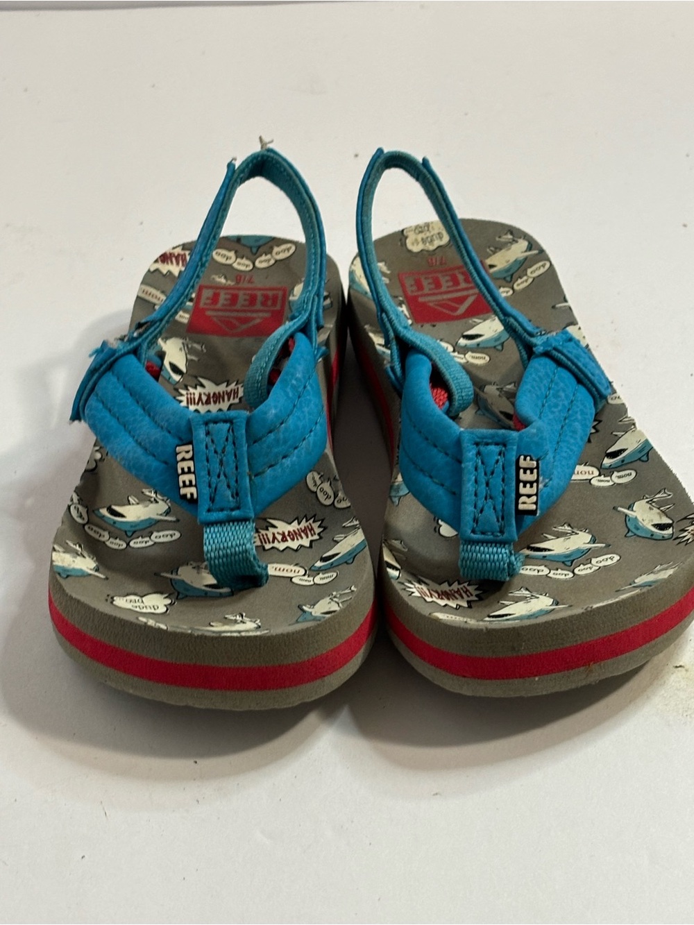 Reef Kids Blue Shark-Print Slingback Flip Flops Sz 7-8 VGUC